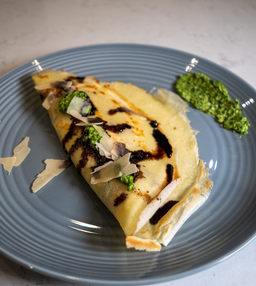 Chicken Crepes with Balsamic Glaze and Spinach Pesto