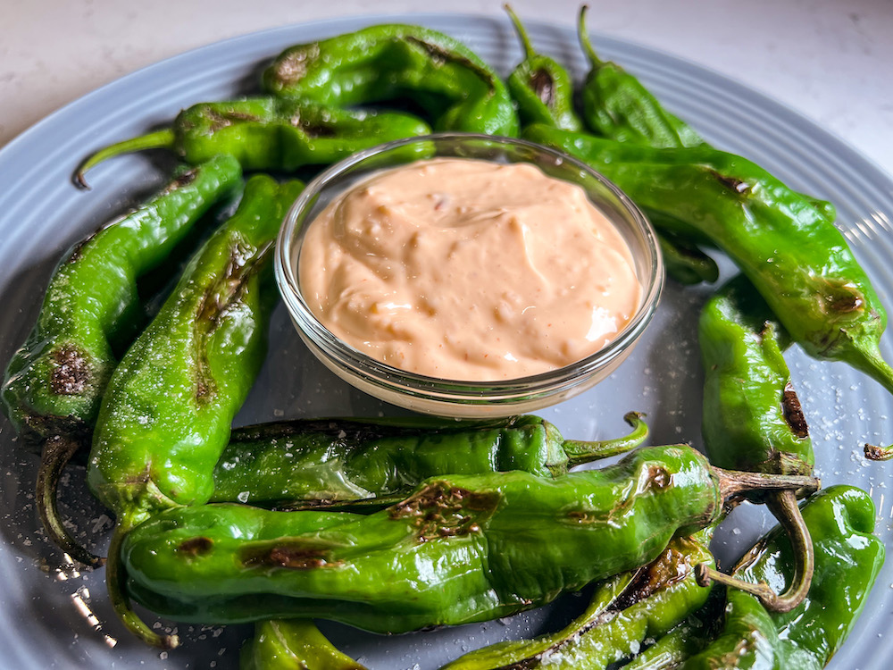 Shishito Peppers with Sweet Sriracha Aioli